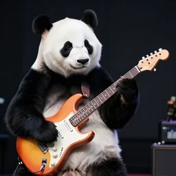 a high quality photo of a panda playing electric guitar, on stage, render, ultra realistic, cgsociety