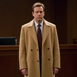 television still of andy richter wearing a tan longcoat and necktie, in a legal comedy drama from ( 2 0 0 2 ), dark lighting, somber mood