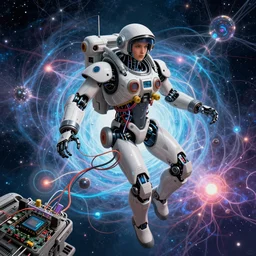 beautiful robot fighter pilot suspended by intricate organic and electric connections to jet cockpit computer motherboard experiencing the quantum field comic book art cinematic highly detailed realistic beautiful cosmic neural network o