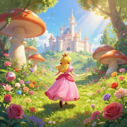 portrait of princess peach, running up a hill of exotic flowers in the Mushroom Kingdom, giant mushrooms, and roses, from behind, Castle in distance, birds in the sky, sunlight and rays of light shining through trees, beautiful, solarpunk!!!, highly detailed, digital painting by Michael Garmash and Peter Mohrbacher