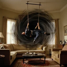black hole whirlpool sucking in a living room, still from an episode of the sopranos, trapeze