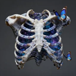 a beautifully sculpted human ribcage made of amazonite, galaxy inside of the ribcage, butterfly flying around the ribcage, accurate, intricate, moody, dramatic,