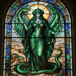 stained glass window of sinister mage, snake queen, ancient, sand, emerald, intricate, highly detailed, digital painting, artstation, concept art, smooth, sharp focus, illustration, Unreal Engine 5, 8K, art by artgerm and greg rutkowski and alphonse mucha