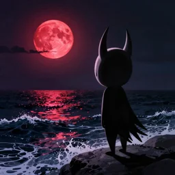 creature looking at the sea with a red moon reflecting in the waves, night, low angle, in the style of Hollow Knight