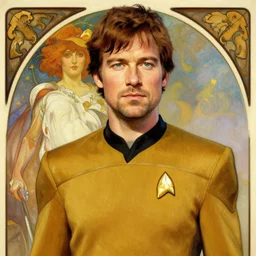 sebastian stan as a star trek captain, a still from star trek painted by alphonse mucha.