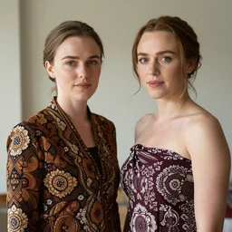 portrait of lindsey pelas and emilia clarke wearing batik best and sarong, by charlotte grimm, natural light, detailed face, canon eos c 3 0 0, ƒ 1. 8, 3 5 mm, 8 k, medium - format print, half body shot
