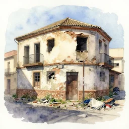watercolor painting of valencia spain, dilapidated, run down, trashy ambient lighting and shadows