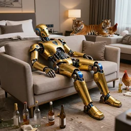 portrait photo of a shiny golden and blue metallic futuristic steampunk humanoid robot sleeping on a sofa in a modern hotel room, empty bottles all over the floor, in the room is a tiger and a chicken, messy, pressphoto, insanely detailed, wide shot