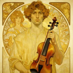 a portrait of a man holding a violin, 8 k, golden colours, lowbrow, an art nouveau painting in the style of alphonse mucha and mark ryden, zoomed out, far away, full frame, symmetrical,