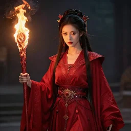 photograph of a real-life beautiful elemental fire witch with ornate red robes and staff.  Extremely detailed. 8k