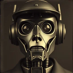 an old photo portrait of noir robot detective, realistic mechanical face, hard surface,