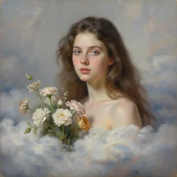 portrait, hyperrealism oil painting, woman in the clouds with flowers