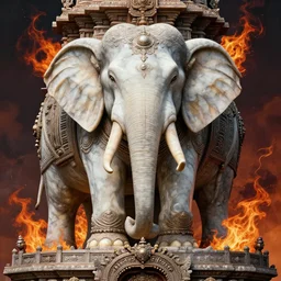 elephant statue in the top of a hindu temple, dystopian surrealism, artstyle alex ries zdzisław beksinski, symmetry accurate features, very intricate details, hres, 4 k, hell, fire, highly detailed, symmetrical long head, smooth marble surfaces, detailed ink illustration, metal gear, cinematic smooth stone, deep aesthetic, concept art, post process, carved marble texture silk cloth, latex skin, highly ornate intricate details, in the style of 8 8 grzes, giger