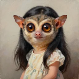 cute girl tarsier with long black hair and brown eyes wearing a dress, painting, realistic, high definition