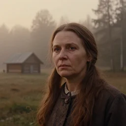 close up portrait bust of woman, solemn expression, faded color film, russian cinema, tarkovsky, kodachrome, heavy forest, wood cabin in distance, shallow depth of field, long brown hair, old clothing, heavy fog, atmospheric haze, brown color palette, sunset, low light, hudson river school, 4 k, dramatic lighting