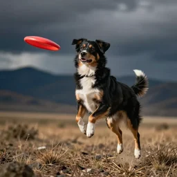 a toller retriever jumping towards a frisbee, professional photography, sharp focus, depth of field, very detailed
