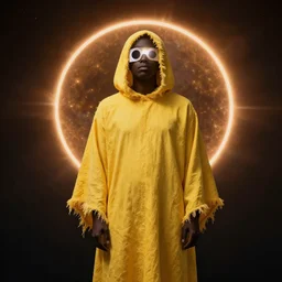 A figure wearing hooded frayed yellow robes standing in front of a solar eclipse.