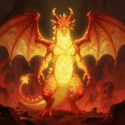 full figure antrophomorphic male dragon, frontal view, no wings, luminous scene, by greg rutkowski and alphonse mucha, d & d character, gradient yellow to red, in hell, highly detailed portrait, digital painting, artstation, concept art, smooth, sharp focus illustration, artstation hq