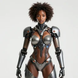 beautiful centered fine art photo portrait of beautiful black girl with solarpunk mecha humanoid parts with led lights, sexy pudica pose gesture, white background, ultra - realistic and intricate, soft box lighting, shallow depth of field hdr 8 k