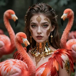 a stunning ultra detailed fantasy fine art portrait photo of a girl wearing flamingo feather dress, by tom bagshaw, artgerm and natalie shau, henna tattoos on the face, paisley designs, 5 0 mm lens, deep depth of field, perfect eyes and face, soft lighting, gold cybernetic implants, artstation, 8 k, cyberpunk