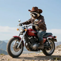 a raccoon wearing a cowboy hat and a leather jacket riding a motorbike on top of a mountain