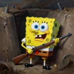 realistic dark oil painting of spongebob squarepants, spongebob, spongebob squarepants inside ww 1 trenches, holding rifle, terrified, scared, war film