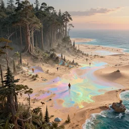 highly detailed holographic iridescent sci fi world with forests, deserts, oceans, at dusk, by gilbert williams, by simon stalenhag, by beeple, by bruce pennington, by moebius, featured in juxtapoz, dynamic composition, octane render, with many different pastel shades of blue pink orange yellow green, beautiful lighting, desaturated