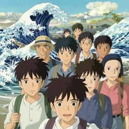 a film still japanese group of people fleeing from a tidal wave on a beach, finely detailed features, closeup at the faces, perfect art, dramatic light, trending on pixiv fanbox, painted by greg rutkowski makoto shinkai takashi takeuchi studio ghibli, akihiko yoshida