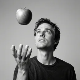 monochrome tommy ingberg portrait with an apple hovering above him high definition