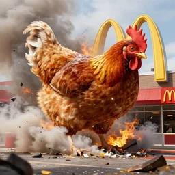 giant chicken destroying a mcdonalds, smoke, fire, debris
