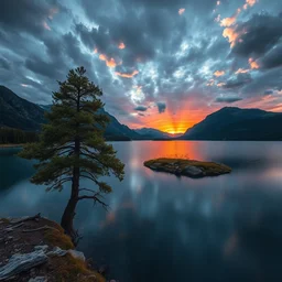 beautiful landscape photography by marc adamus, a lake, a tre in the foreground, sunset, dramatic sky