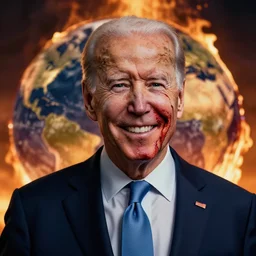 joe biden smiling with blood in his face while behind him the world is burning, dramatic lighting, cinematic, establishing shot, extremly high detail, photorealistic, cinematic lighting, artstation, style by James Gurney