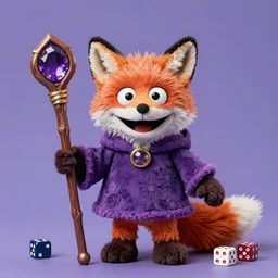 a fox druid wizard as a fluffy muppet plush wearing a vaporwave nostalgic cloak and holding a staff made from a stick with an amethyst gemstone tied at the top with dnd dice scattered around it, photorealistic, photography, national geographic, sesame street