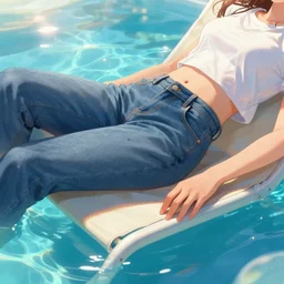 closeup of a girl relaxing in jeans and a t - shirt on a floating pool chair, sunny, bright, reflections, intricate, sharp focus, lens flare, bloom, illustration, highly detailed, digital painting, concept art, matte, art by ruan jia and wlop and greg rutkowski, masterpiece
