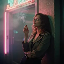 foggy neon night, mila kunis leaning back against a wall smoking a cigarette outside a neon lit entrance, 1 9 7 0 s, intricate, moody, tasteful, intimate, highly detailed, short focus depth, artgerm, donato giancola, joseph christian leyendecker