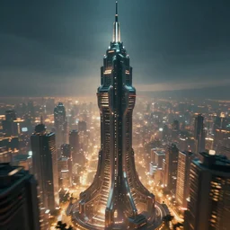 one giant sci-fi tower, city in background , dynamic lighting, volumetric, bokeh, cinematic, establishing shot, extremly high detail, photo realistic, cinematic lighting, post processed, concept art, artstation, matte painting, style by eddie mendoza, raphael lacoste, alex ross