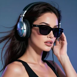 closeup beautiful retro future megan fox varga girl wearing headphones and sunglasses, glamour pose, jetsons, windblown dark hair, seductive, hyper detailed, digital art, studio lighting, smooth, ambient volumetric lighting, sharp focus, patrick nagle, 1 9 4 6, synthwave