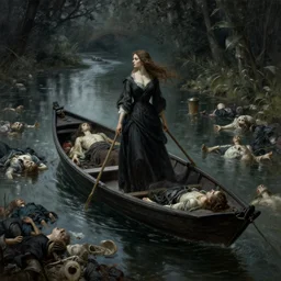 one woman one boat floating a river of corpses, dark mythic fantasy, art by anders zorn, wonderful masterpiece by greg rutkowski, intricate, elegant, highly detailed, digital painting, artstation, concept art, smooth, sharp focus, illustration, eerie moody brooding beautiful cinematic, thomas lawrence, artgerm, mucha, greg rutkowski