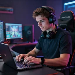 realistic successful man typing on laptop in gaming room, artstation trends, future concept art, highly detailed, intricate, sharp focus, digital art, 8 k
