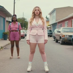 still from music video of sydney sweeney from die antwoord standing in a township street, street fashion clothing,! haute couture!, full figure portrait painting by martine johanna, njideka akunyili crosby, rossdraws, pastel color palette, 2 4 mm lens