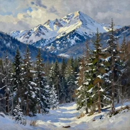 forest and mountain in winter, oil painting, by kaii higashiyama
