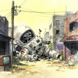 anime movie screenshot, curvilinear, simple watercolor, harsh bloom lighting, rim light, abandoned city, drawn girl climbing a giant dead astronaut corpse crashed in deserted dusty shinjuku junk town, tangled overhead wires, telephone pole, old pawn shop, broken tv, harsh shadows, pale yellow sky, bold graffiti