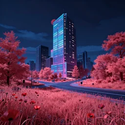 a beautiful very detailed illustration of nature city building street by ron walotsky, poppy myst at night infrared at dusk darkacademia dramatic lighting uv light neon noir landscape vaporwave tron hyperrealism meadow nature retrowave thermal imaging studio ghibli reclaimed by nature fisheye, archdaily, wallpaper, highly detailed, trending on artstation.