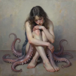a sad girl with octopus tentacles instead of arms and legs sitting on the floor, oil painting