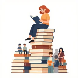 a woman with red hair and glasses sits on top of a tall pile of books, reading. clean cel shaded vector art. shutterstock. behance hd by lois van baarle, artgerm, helen huang, by makoto shinkai and ilya kuvshinov, rossdraws, illustration, art by ilya kuvshinov
