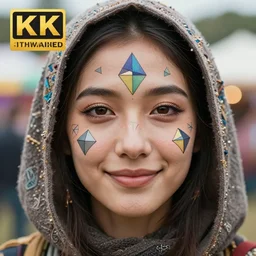 the face of a beautiful calm and happy person at a festival who has glimpsed the fourth dimension with geometry on face, wearing a detailed hood, with a intricately detailed, beautiful face, detailed eyes, award winning, 8 k