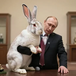 vladimir putin transformed into a rabbit man, hyperreal, metamorphosis