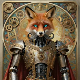 retro boxy robot, large metal mustache, fox animal, glowing blue green eyes, detailed realistic surreal groovypunk robot in full regal attire. face portrait. art nouveau, symbolist, visionary, baroque, giant fractal details. horizontal symmetry by zdzisław beksinski, gears, alphonse mucha. highly detailed, hyper - real, beautiful