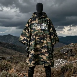 fashion design, tactical camouflage poncho by alexander mcqueen and acronym