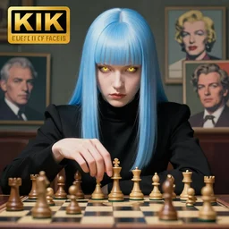 a pale ilya kuvshinov playing chess, with gold eyes, straight hair, sky blue hair, long bangs, high collar, concept art, award winning photography, digital painting, cinematic, by wlop, anime key visual, wlop, 8 k, by ross tran, tom bagshaw, andy warhol